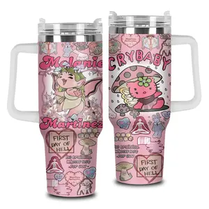 [Elysian Sip] - Crybaby Doll Pink Aesthetic 40oz & 20oz Stainless Steel Tumbler with Handle – Cute Kawaii Insulated Mug, Coquette Cartoon Style Cup, Soft Girl Fantasy Design, Leakproof Travel Gift.