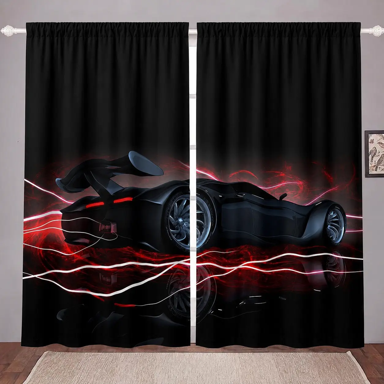 Racing Car Window Drapes Extreme Speed Sports Decor Window Curtains for Bedroom Living Room for Boys Girls Boys Girls Competition Curtains Luxury Black Red Window Treatments 52*63,2 Panels,Summervibes