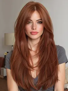 24 Inch Long Straight Layered Wig, with Bangs, Women's Wig, Daily Fashion and Casual, Smooth Comfortable Breathable, Layered Straight Wigs, Synthetic Hair Wig