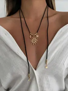 Boho Sun Moon Cord Beaded Long Necklace, Boho Style Necklace, Casual Alloy Chain Jewelry for Women, Daily Wear Beach Vacation Party Gift