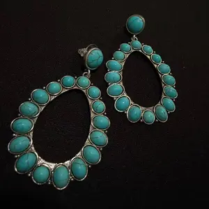 Vintage Turquoise Oval Hoop Drop Earrings -087