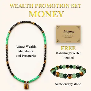 Petralune [Buy One Get One Free] Wealth Attracting Necklace Set, includes Green Dongling jade stone, green quartz and tiger’s eye stone pendants, healing crystal stones, paired with a bracelet—wealth attracting crystal jewelry gift for men and women