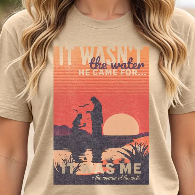 Woman at the Well T-Shirt - Graphic Print with Sunset Design, Ideal for Women's Wear - Top, Crewneck faith Tshirts