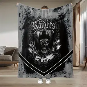 2D Flat Printing Skull Banner Throw Blanket - Gothic Punk Decor with Raiders Text - Soft Flannel Bedspread for Couch, Bed - All-Season Heavy Metal Gift for Raiders Fans - Black & Gray Gothic Home Accent, Warm Haven Textiles