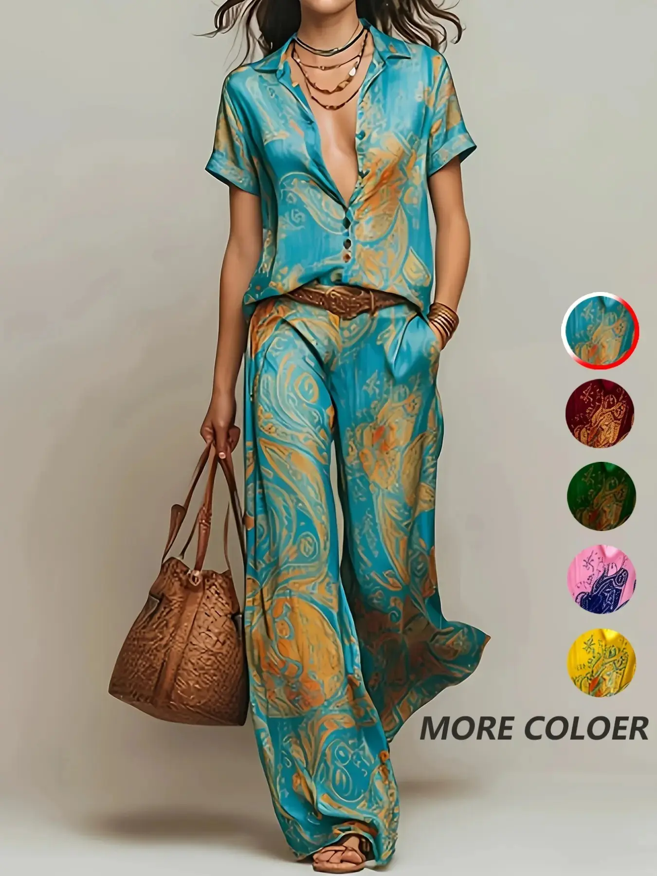 Faith's Exclusive Casual Vacation Chic Blouse with Pocket Straight Pants, No Belt Included, Perfect for Leisure Wear