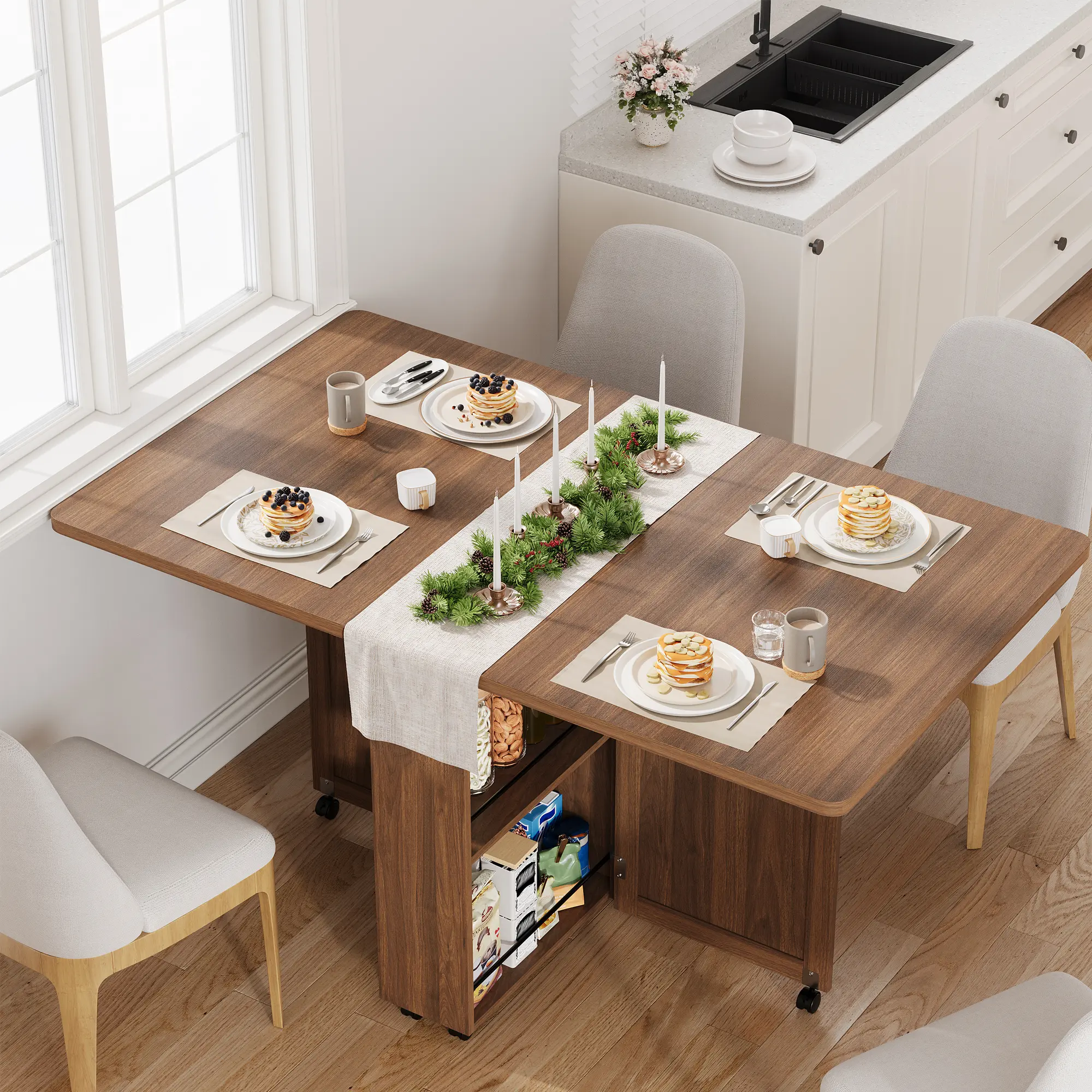 Garvee Upgraded-Folding Dining Table，foldable compact kitchen table built with storage compartments, drawers, shelves plus 6 movable wheels，practical household dining desk suited for various small spaces
