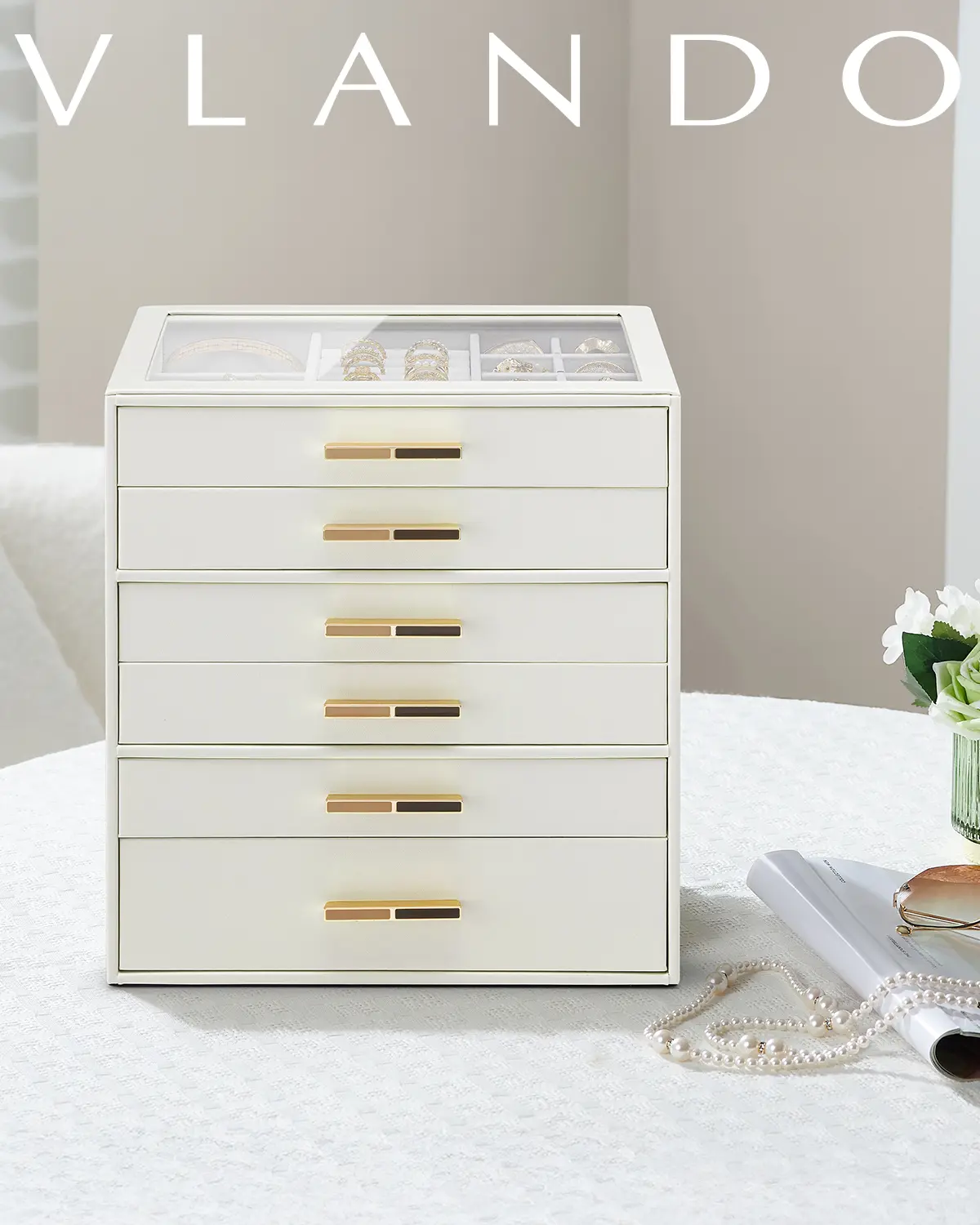 VLANDO 6 Layer Jewelry Box for Women, Glass Lid Jewelry Organizer with 6 Drawers for Accessories, Necklaces Rings Earrings Bracelets, Home storage, Gift for women Dustproof Stackable, Jewelry Cabinet, Durable Storage Organizer