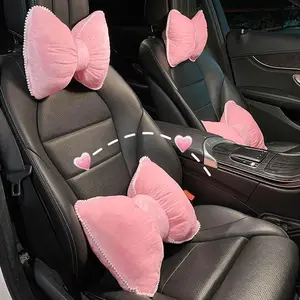 Comfortable Soft Pink Plush Cartoon Heardrest Bowknot Car Waist Neck Pillow Car Interior Decorations For Winter