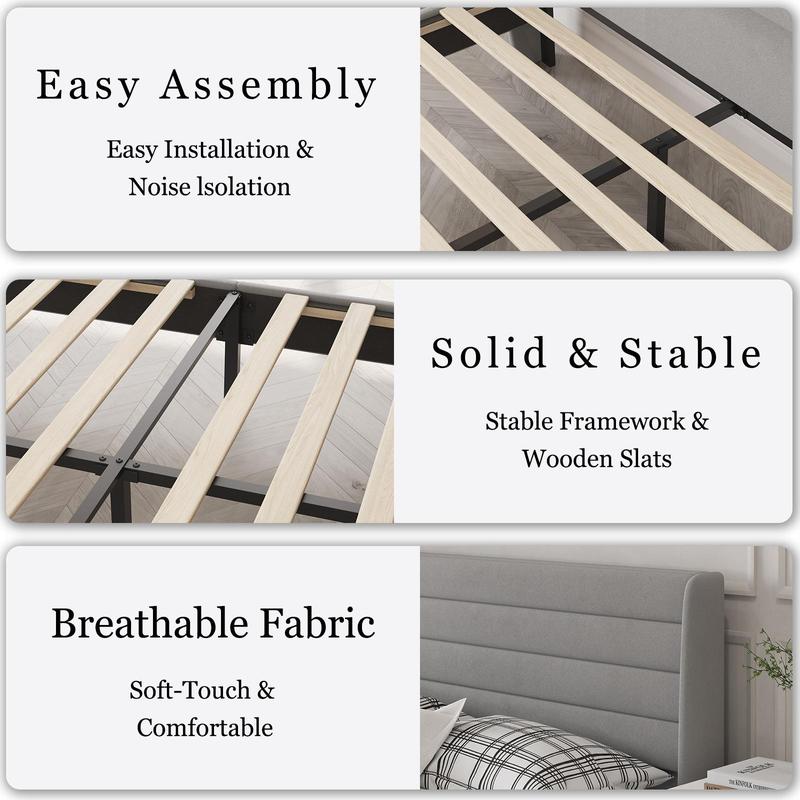 Queen Bed Frame with Modern Wingback Headboard Velvet Platform Solid Wood Slats No Box Spring Required Easy Assembly Light Beige