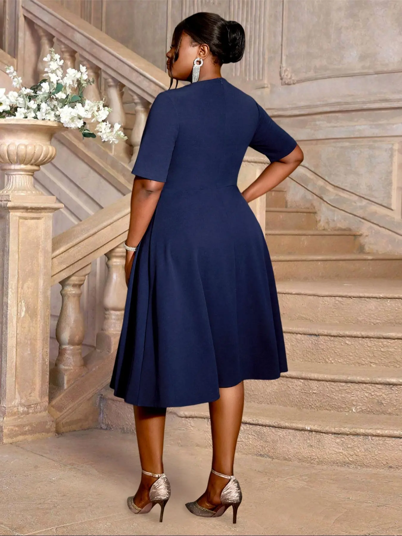 plus size formal dresses knee length Work Dress For Women AOMEI Plus Size Work Dress – Printed Short Sleeve A-Line Office Party Dress colourway-farida