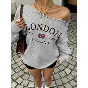 Women’s letter-print casual off-shoulder sports sweatshirt, sexy loose top, lightweight and comfortable fabric, fashionable design