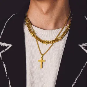 U7 Men's Two Chain Layered Necklace Thorns Chain Choker Cross Pendant Necklace