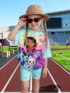 Girls' Gabby and Cat Friends 3D Short Sleeve Set, Summer Clothes Set, Candy Star Print Two-Piece, Perfect for Sports and Birthday Gifts