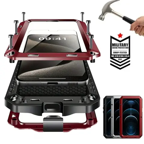 Military Grade Aluminium-Metal+TPU Casing Cellphone Accessory, IP54 Rated Waterproof Rugged Armor for iPhone 17 Pro Max, 17 Air, 16, 15 - Heavy Duty Full Body Shockproof Cover with Built-in Screen Protector