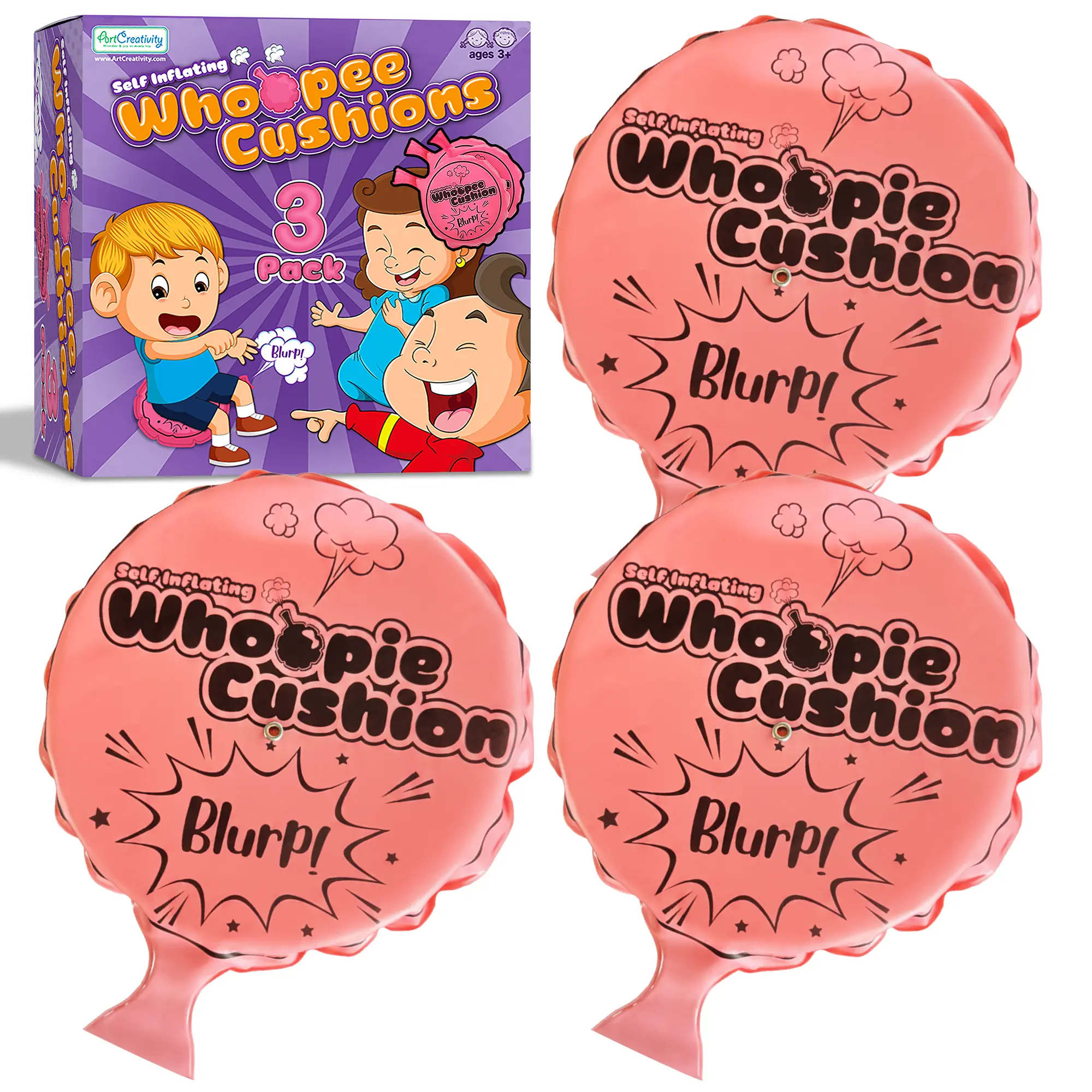 Self Inflating Whoopie Cushion Set - 3 Pack - 7 Inch Whoopee Cushions