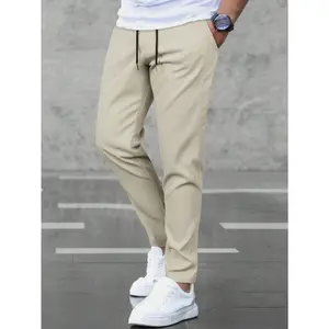 Men's Solid Color Drawstring Waist Pocket Straight Loose Casual Trousers Pants Fabric Menswear Polyester Beige Plain Yellow sweatpants men