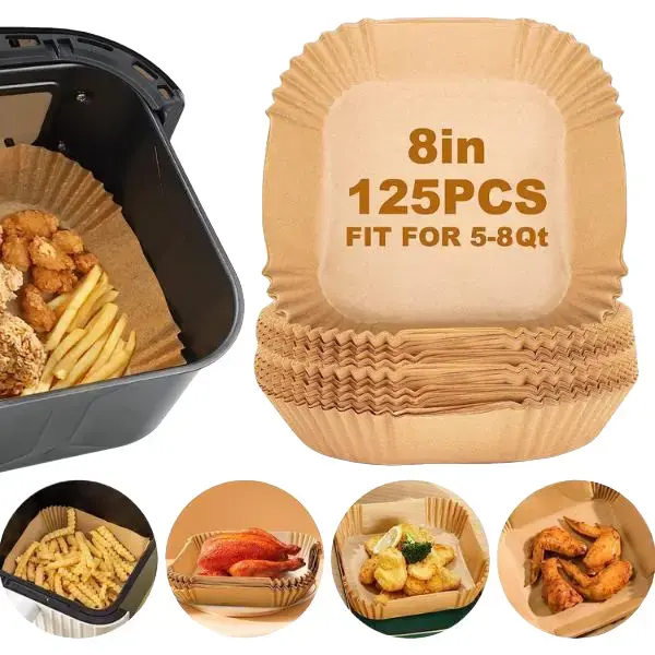 Air Fryer Paper Liners,125Pcs Parchment Paper, Disposable Paper Liner for Microwave, Non-Stick  Liners Square Free of Bleach (8IN)