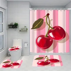 Cherry Pattern Bathroom Decorations, 4 Counts/set Shower Curtain Sets Including Shower Curtain & Toilet Lid Cover & Mat & U-shaped Mat, Bathroom Accessories