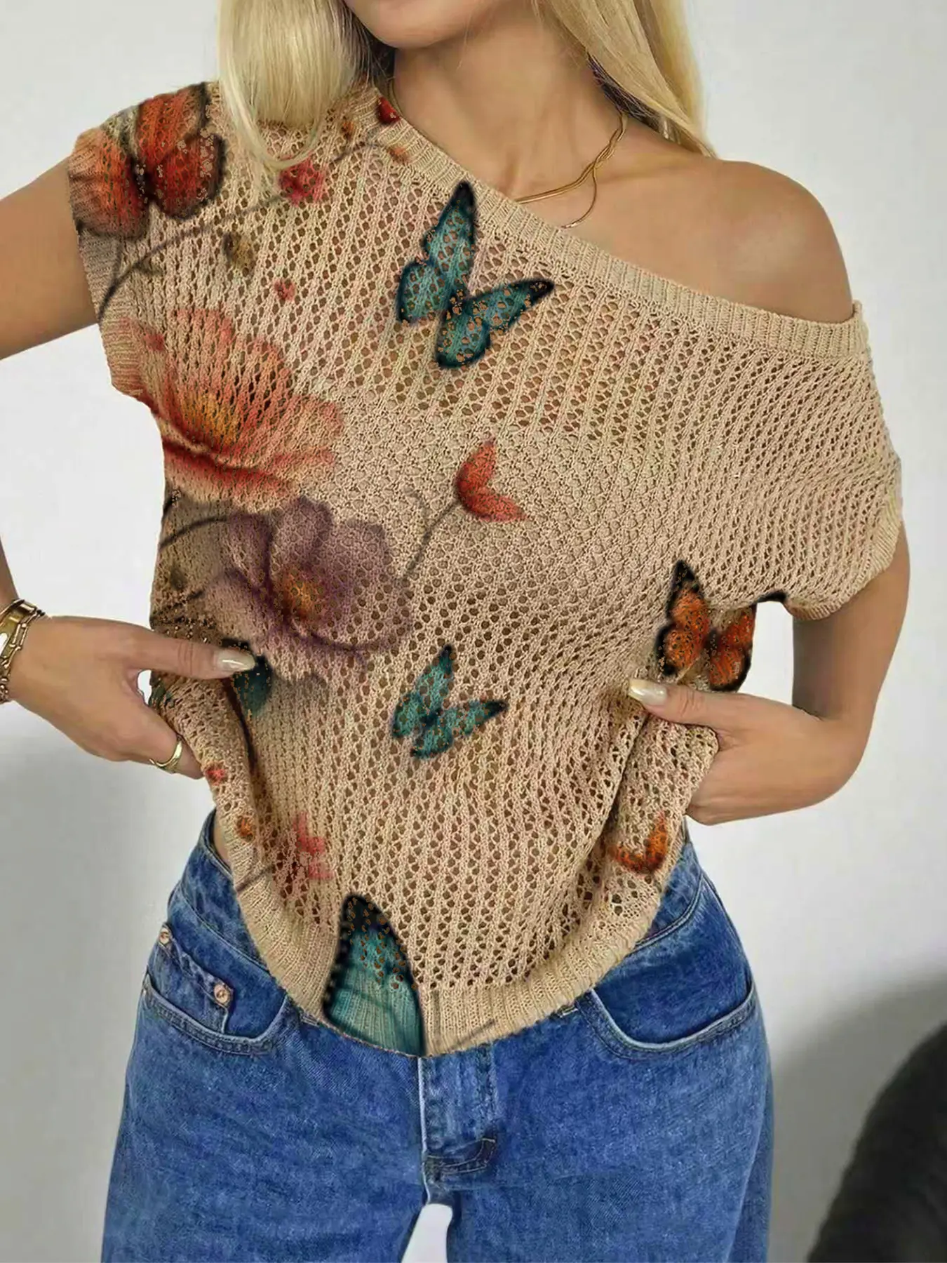 Spring Summer Women's Beach Vacation Style Casual Boho Floral Shirt Blouse Asymmetrical Neck Off-Shoulder Batwing Sleeve Semi-Sheer Lace, Butterfly Flower Print Knit Top