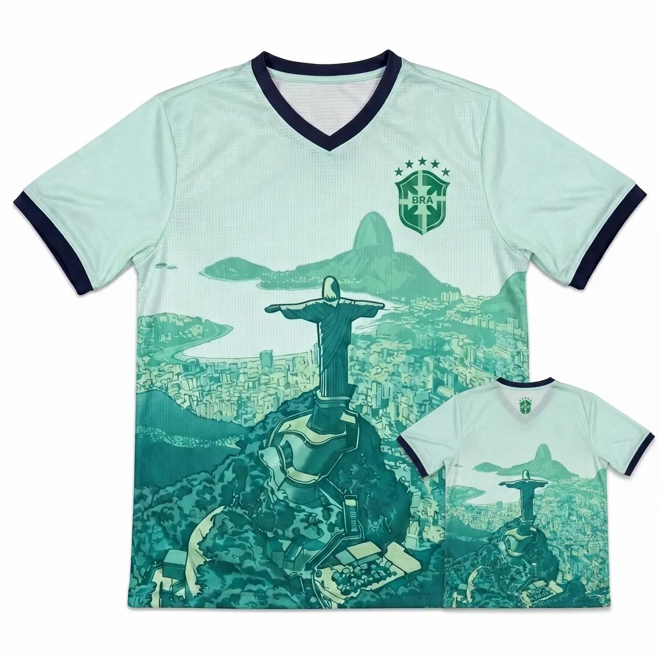 Mint Green Christ Redeemer Soccer Jersey - Rio De Janeiro Landscape Football Shirt - Teal V-Neck Athletic Tee