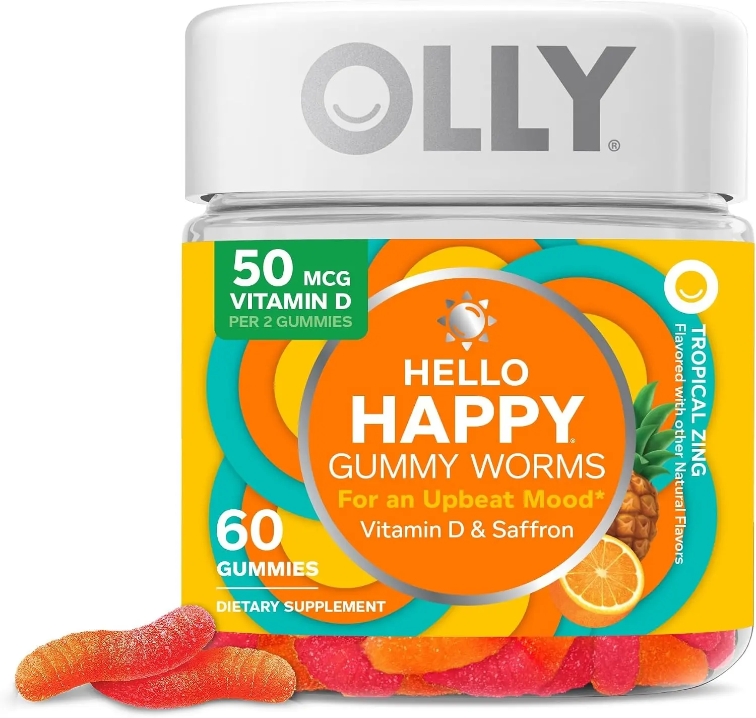 OLLY Hello Happy Gummy Worms - Chewable Mood Support Vitamins Supplements for Adults, Fruit & Pineapple Gummies Vitamins Supplements - 60 Count, Fruit Gummies Vitamins Supplements, Brain Health Support