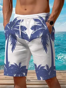 Men's Hawaiian 3D Palm Tree Print Beach Shorts, Lightweight Breathable Fabric, Summer Vacation Outdoor Activities, Comfortable Elastic Waist, Swimwear Shorts, Swimming Trunks, Swim Bottoms