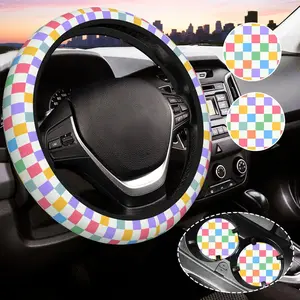 Suitable for Women Plaid Steering Wheel Cover, Universal Car Steering Wheel 14-15inch Car Interior Accessories, Comes with 2 Car Coasters, Suitable for Men and Women