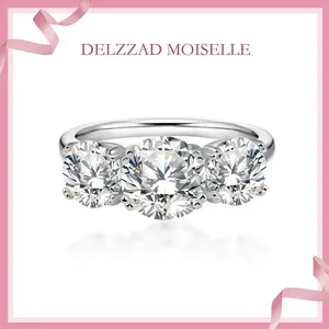 Delzzad S925 Round Cut VVS Synthetic Moissanite Three-Stone Prong Engagement Ring Daily Costume Jewelry Accessories Perfect Birthday Wedding Engagement Anniversary Gifts for Women