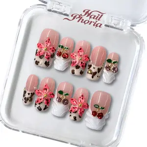 NailPhoria WILD CHERRY BLOOM - Handmade Press-On Nails | Reusable, Salon-Quality, Long-Lasting, Glossy Design