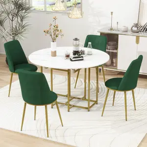Space-Saving 5-Piece Extendable Kitchen Dining Table Set for Small Spaces - Round Faux Marble Top with Golden Frame, 4 Upholstered Chairs, Compact Foldable Design,White+Green wayfair  chairs