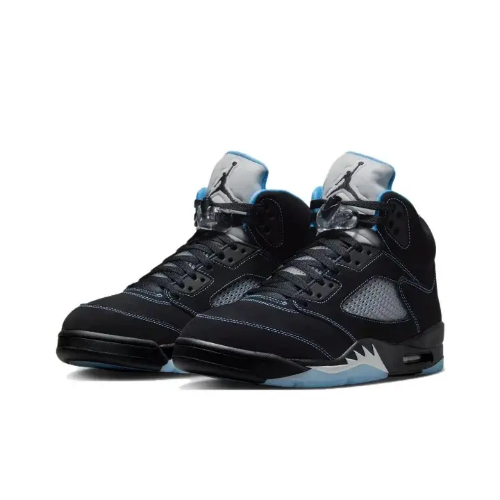 High-Top Retro Basketball Shoes, Black Suede + University Blue Mesh Side Panel, Translucent Rubber Outsole, Perfect for Streetwear & Trendy Sports