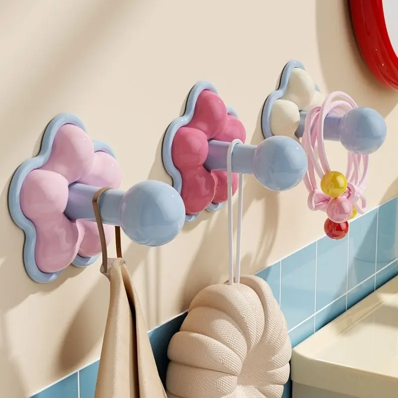 Cartoon Flower-Shaped Self-Adhesive No-Drill Hooks - 3-Pack Multi-Color Plastic Home Storage Hooks for Walls/Doors, No-Damage Bathroom & Kitchen Home Supplies