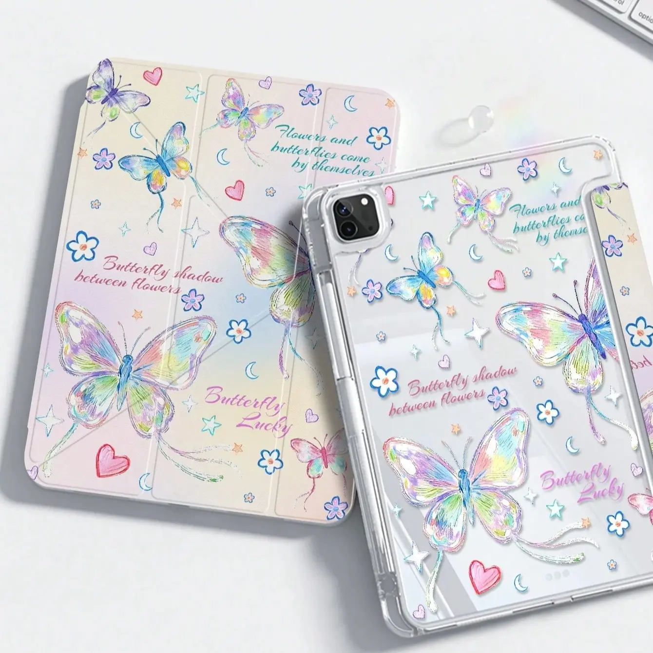 1pc Rainbow Gradient Hand-Drawn Butterfly Print Shockproof Protective Acrylic Y-fold Stand Tablet Case with Clear Back & Pencil Holder, Compatible with iPad 10.2 inch (7/8/9 Gen), Air3/10.5, iPad 10/11, iPad 5/6/Pro 9.7, Air1/Air2, Air4/Air5/Pro 11 inch
