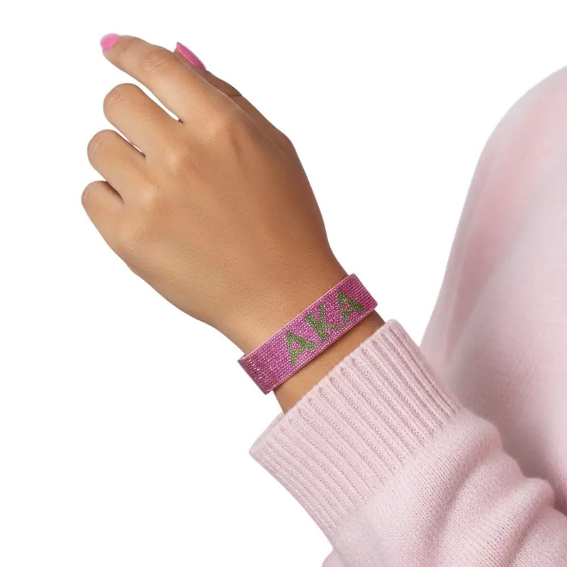 Bedazzled AKA Sorority Cuff Bracelet - Pink Rhinestone with Green Letters for Sorority Sisters