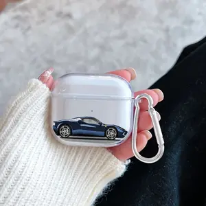 Blue Sports Car Pattern TPU Soft Protective Case for Apple AirPods 4/3/2/1/Pro/Pro2 Transparent Earphone Cover with Keychain Attachment