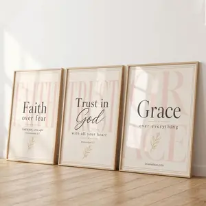 Set of 3 Bible Verse Prints, Christian Wall Art Print, Faith Over Fear, Trust in God, God is Within Her, Neutral Pink Decor for Women