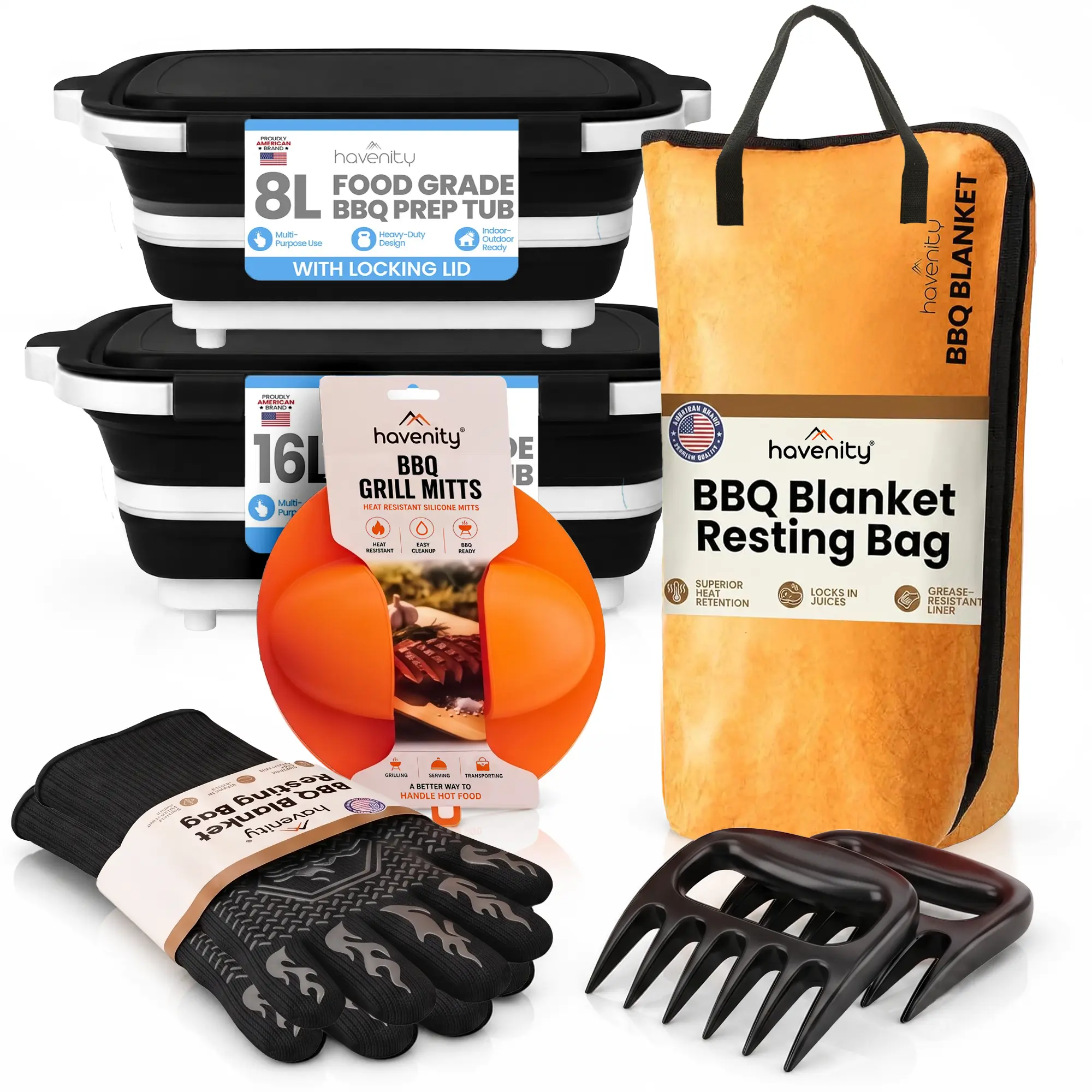 Havenity Food Grade Rectangular Insulated BBQ Grill Prep Tub Starter Set - 2 Tubs, Blanket, Silicone Meat Claws, Heat-Resistant Mitts, Disposable Gloves, Silicone Utensils (Camp Kitchen Essential for Camping)