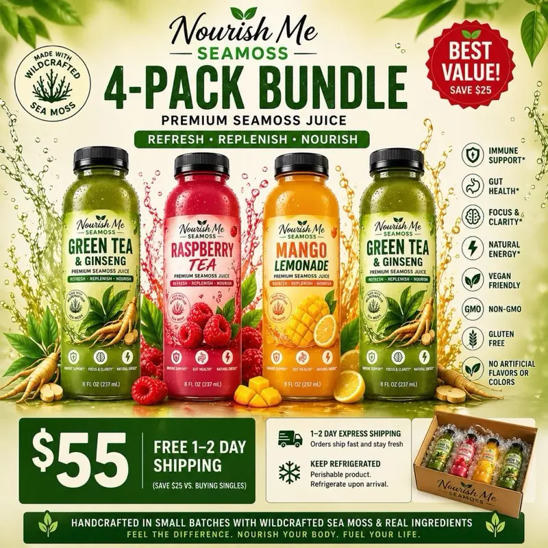 Nourish Me Seamoss Juice 4-Pack Bundle Glow & Go Pack Natural Energy Immune Support Beverage for Wellness Routine