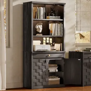 Gyfimoie 72" Tall Bookshelf & Bookcase with LED Lights, 6-Tier Bookshelf with Drawer and Open Shelves, Modern Display Storage Cabinet with Doors