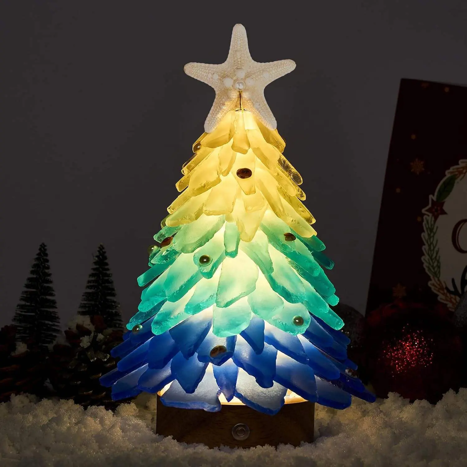 Tropical Christmas Tree With LED Lights Small Sea Glass Tree For Christmas Table Decoration