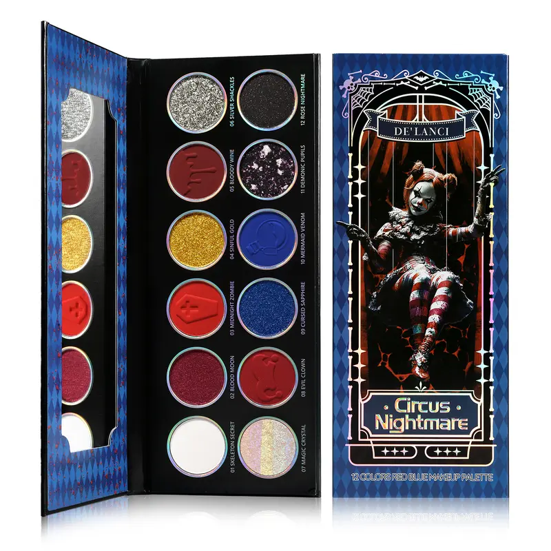 Delanci Circus Nightmare Glitter Eyeshadow Palette - 12-Color Vegan Cosmetic, Highly Pigmented with Matte/Shimmer, Multichrome Finishes, Synthetic Fluorophlogopite, for Alt Makeup, Halloween Clown Looks