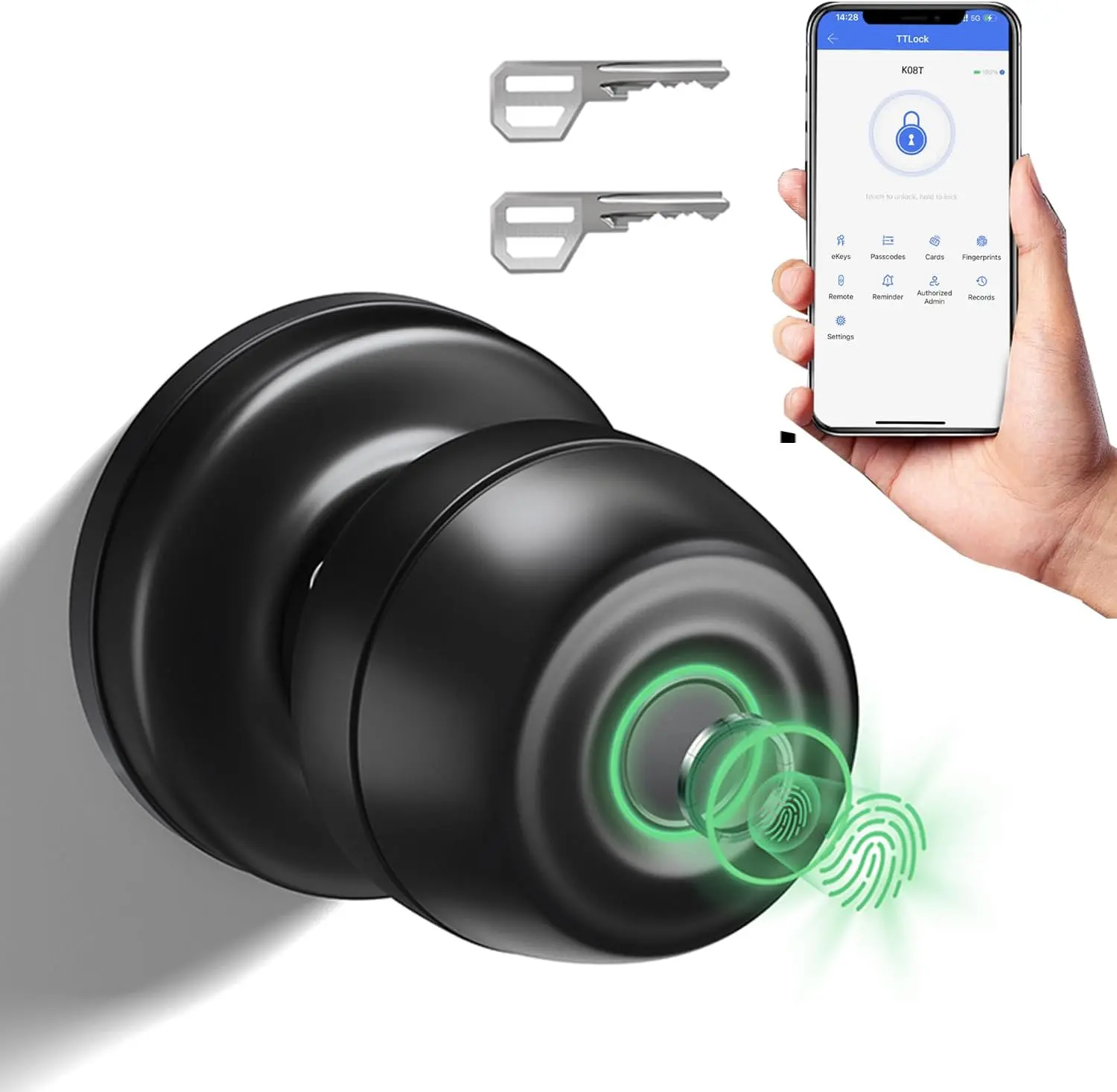Door Knob, Fingerprint Door Knob, Biometric  Door Lock with App Control, Metal Alloy Door Knobs, Easy Installation,  for Bedrooms, Cloakroom, Apartments Offices, Hotel(Black)