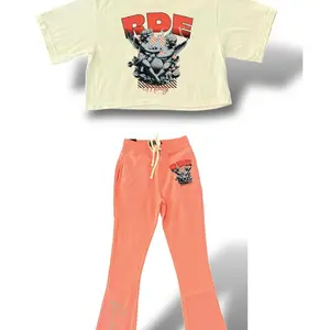 RDE Women's Jogger Set - Cream T-Shirt with Red Logo & Coral Joggers for Comfortable Wear