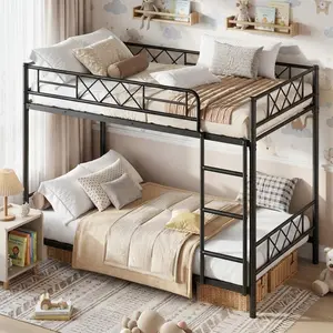 Twin Over Twin Bunk Bed for Kids, Teens & Adults, Heavy Duty 2-Tier Bed with Stairs, Full-Length Guardrails, Metal Slats, No Box Spring Needed, Space-Saving Design, Black