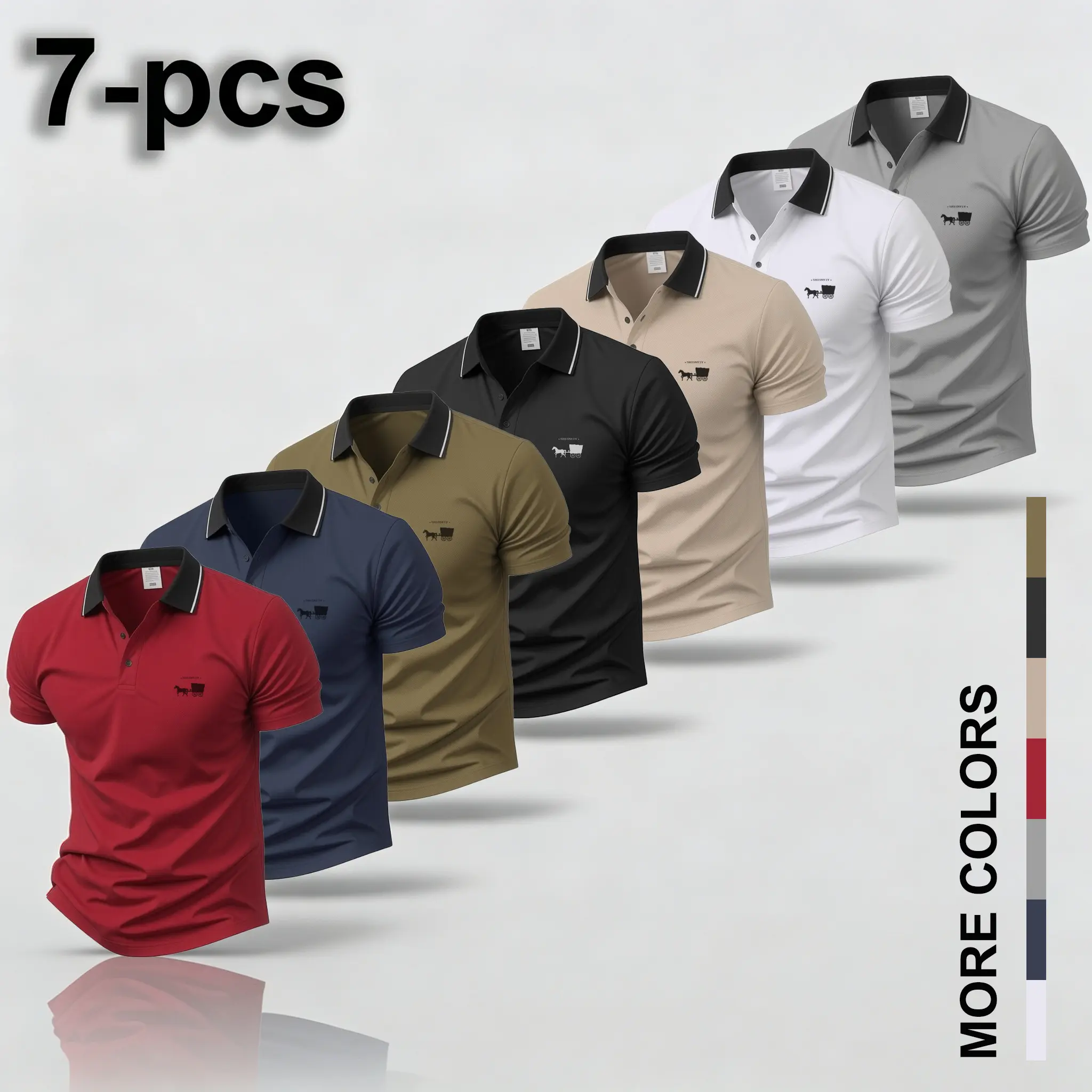Men’s 7 pack knit polo shirts with pearl embellishments; wrinkle resistant, anti pilling, antistatic polo T-shirts; everyday polo shirts; minimalist style; office casual short-sleeve T-shirts; breathable solid-color polo shirts with a turn-down collar.