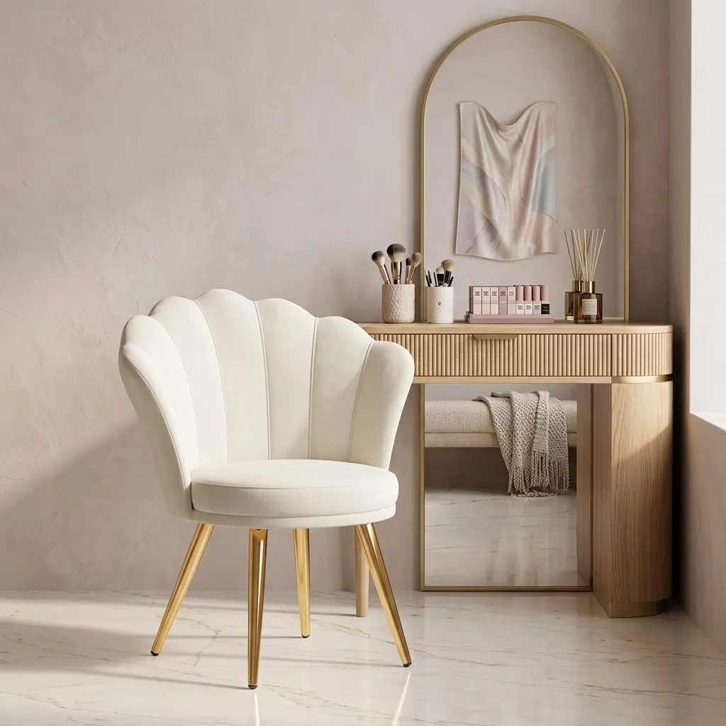 Shell Shaped Velvet Vanity Chair, Upholstered Accent Chair with Thick Sponge Cushion & Gold Metal Legs, Ergonomic Solid Back Side Chair for Makeup Room Living Room Bedroom Guest Room, White