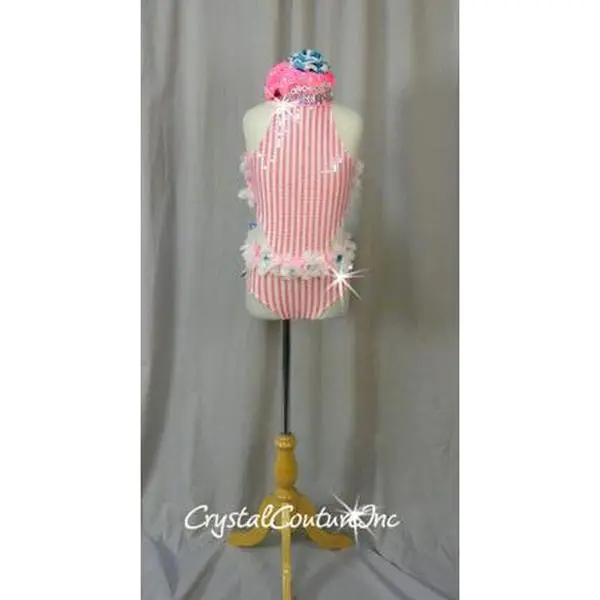 Custom Pink/White Striped Leotard with Blue/White Checkered Bows - Swarovski Rhinestones