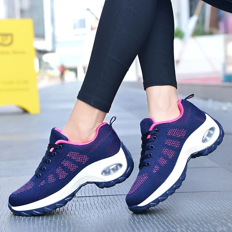 Women's Breathable Mesh Dance Sneakers - Navy Blue with Pink Accents, Shock-Absorbing Air Cushion Sole, Lightweight and Comfortable, Suitable for Fitness, Running, and Dancing, Cushioned Athletic Shoes | Fashionable plaid pattern | Durable PU sole