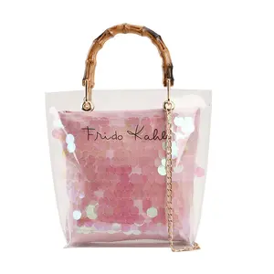 2026 New Transparent PVC Jelly Bamboo Handle Tote Bag, Woven Inner Bag, Chain Shoulder/Crossbody Bag, Large Capacity Summer Handbag for Women Fashionable Plaid Platinum Fashion Blogger Beach curve