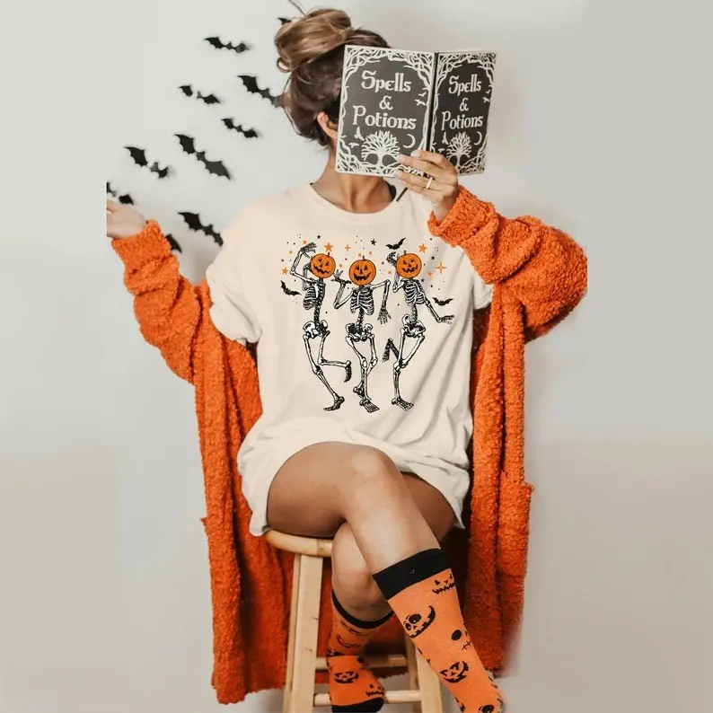 Comfort Colors Skeleton Halloween Shirt, Pumpkin Halloween, Pumpkin Shirt, Spooky Season Tshirt, Shirts for Women